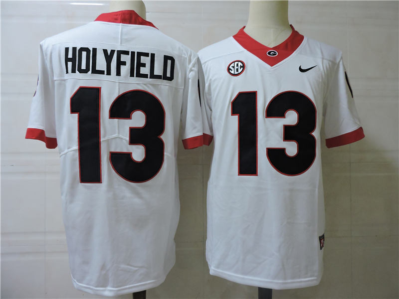 Mens #13 Elijah Holyfield Georgia Bulldogs Stitched Nike White College Football Game Jersey S-3XL