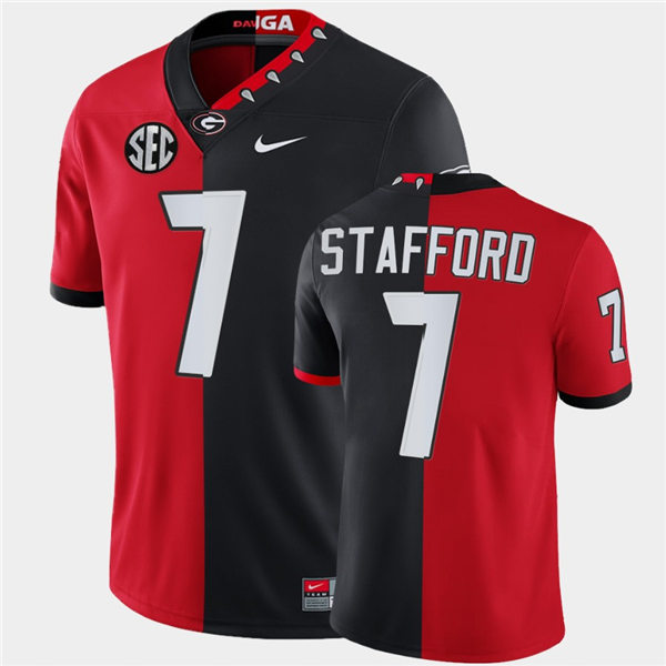 Mens #7 Matthew Stafford Georgia Bulldogs Stitched Nike Red Black Mascot 100th Anniversary Split Edition Football Jersey S-3XL