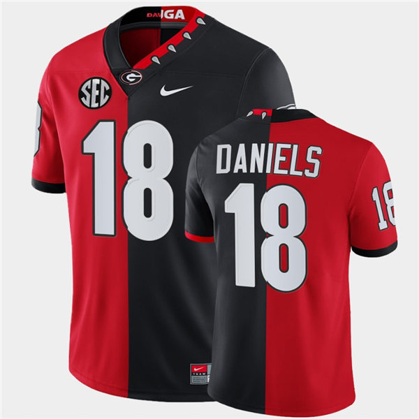 Mens #18 JT Daniels Georgia Bulldogs Stitched Nike Red Black Mascot 100th Anniversary Split Edition Football Jersey S-3XL