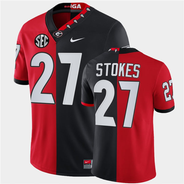 Mens #27 Eric Stokes Georgia Bulldogs Stitched Nike Red Black Mascot 100th Anniversary Split Edition Football Jersey S-3XL