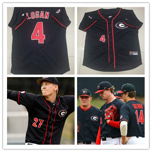 Men's Custom Georgia Bulldogs Nike Black Red Strip College Baseball Game Jersey